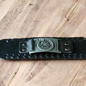 Black Leather Braided Nordic Viking Silver Ouroboros Bracelet